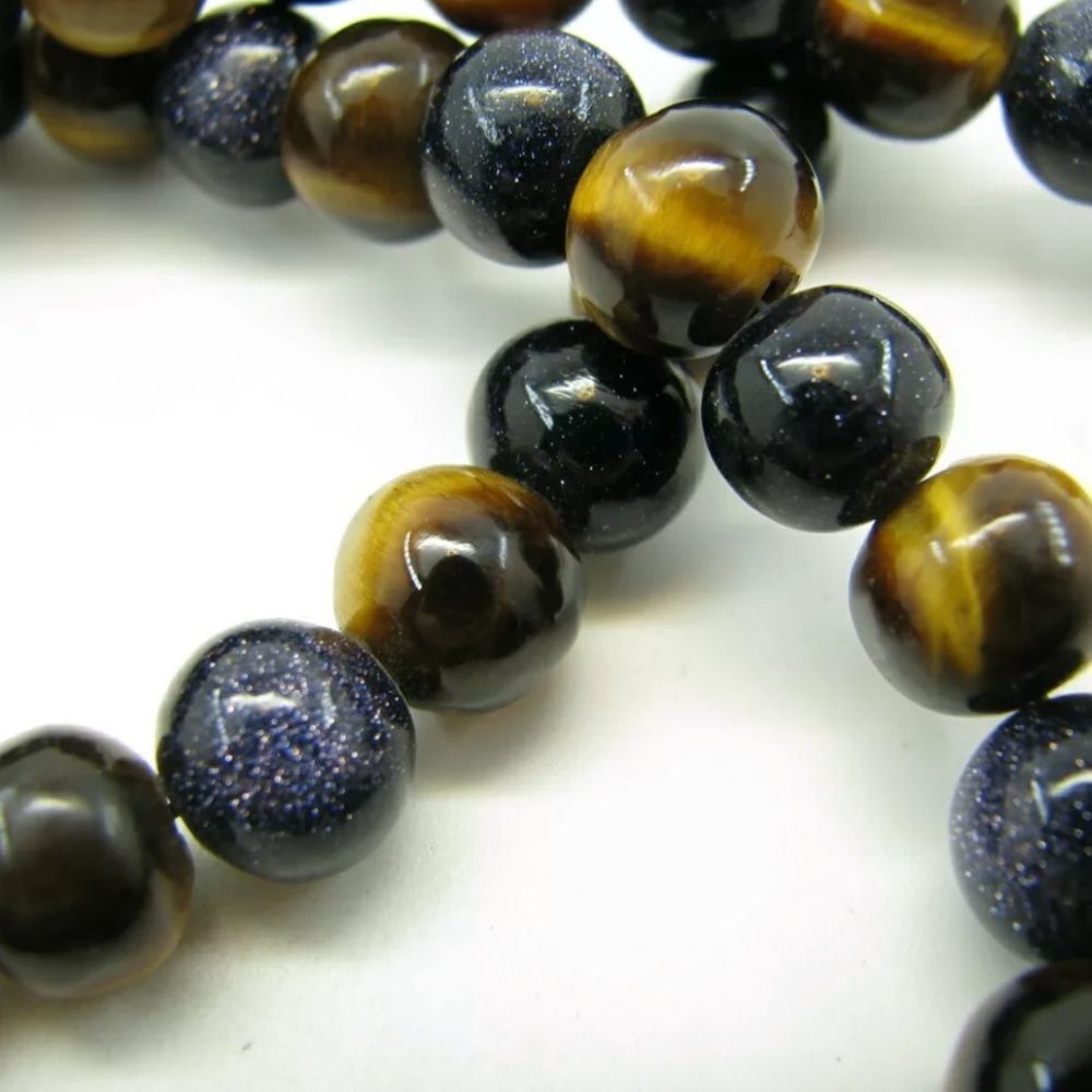 Vintage Navy Blue Sandstone Goldstone Tigers Eye Cabochon Beaded Necklace